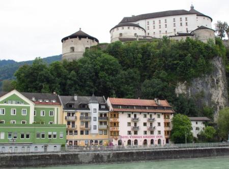 View of the Kufstein fortress from the bridge over the river Inn